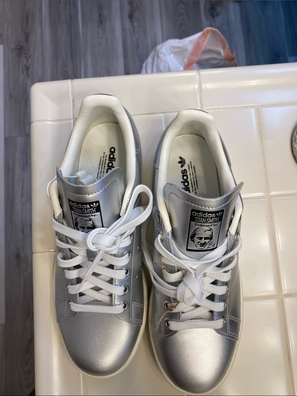 adidas Silver Metallic Stan Smith Sneakers with White Laces - Picture 5 of 7